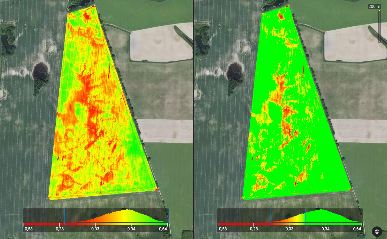 Mapa NDVI real de uma lavoura atendida pela Inovagro mostrando comparação de vigor vegetativo entre estádios